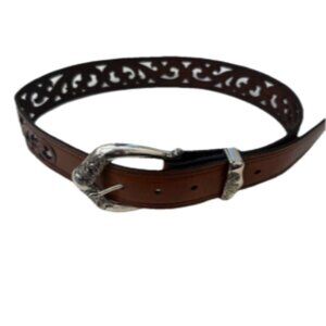 Brighton Women Brown Intricate Leather Cowboy Silver Buckle Belt S/28